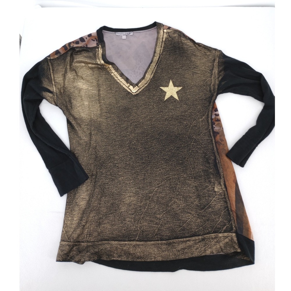 Tempo Paris V-Neck Top Womens S/M Gold Black Metallic Leopard Star Mixed Media
